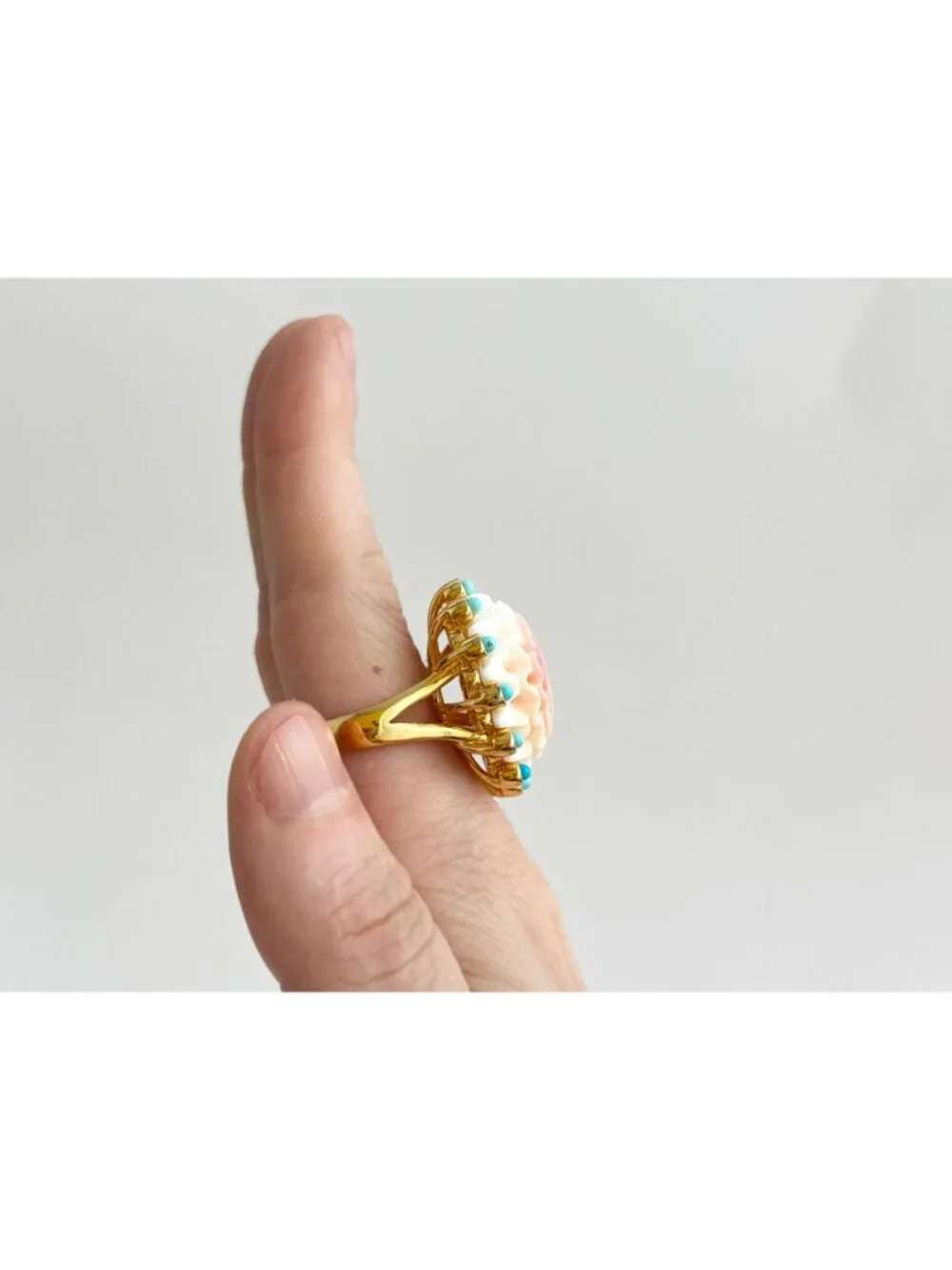 Corniola Shell Turquoise 18k Vermeil Sterling Silver 925 Vintage Ring - sz 10